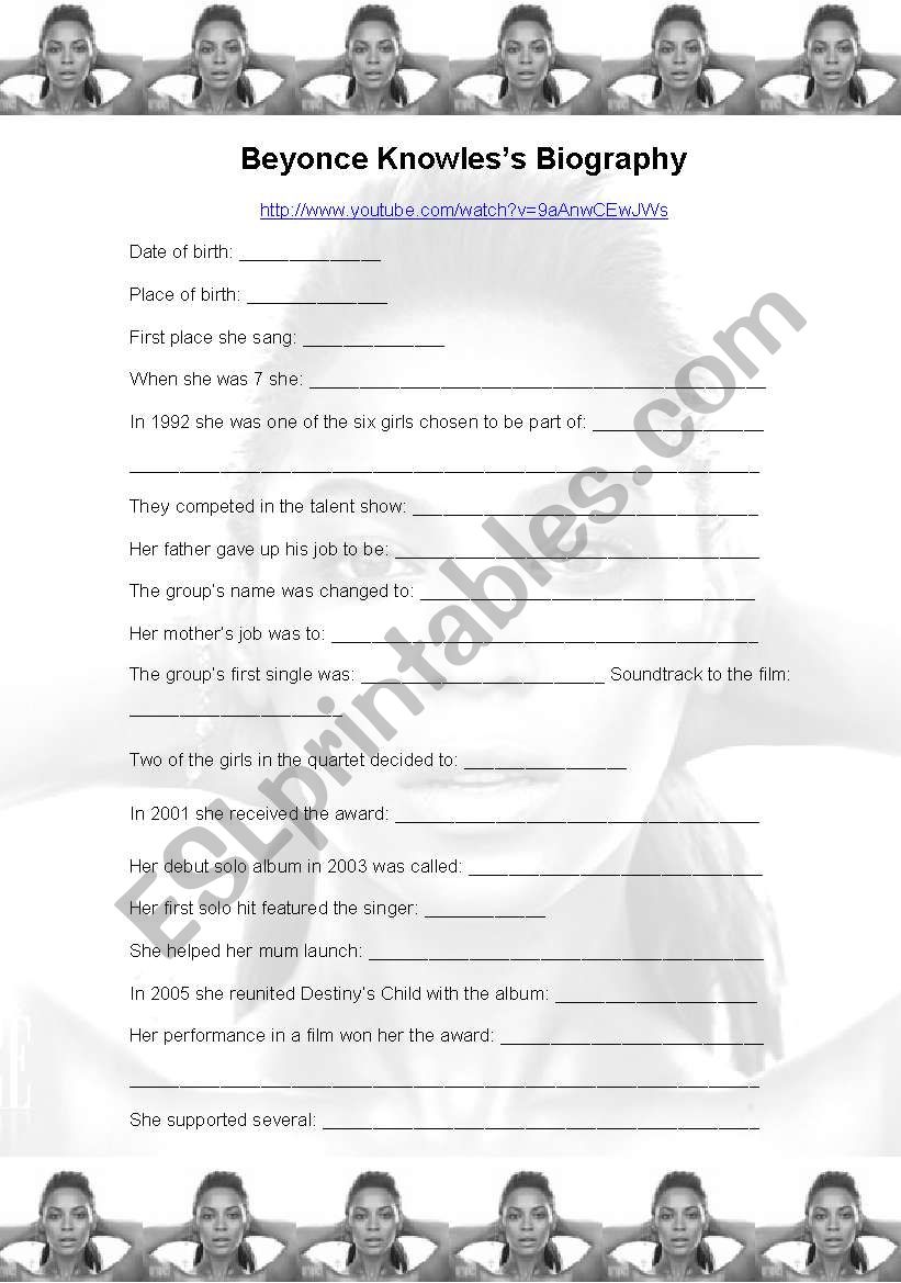 BeyonceÂ´s biography worksheet