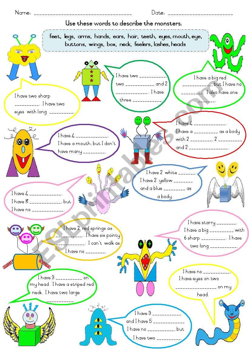 Describing Friendly Monsters worksheet