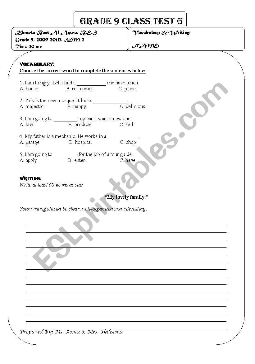 CLASS TEST worksheet