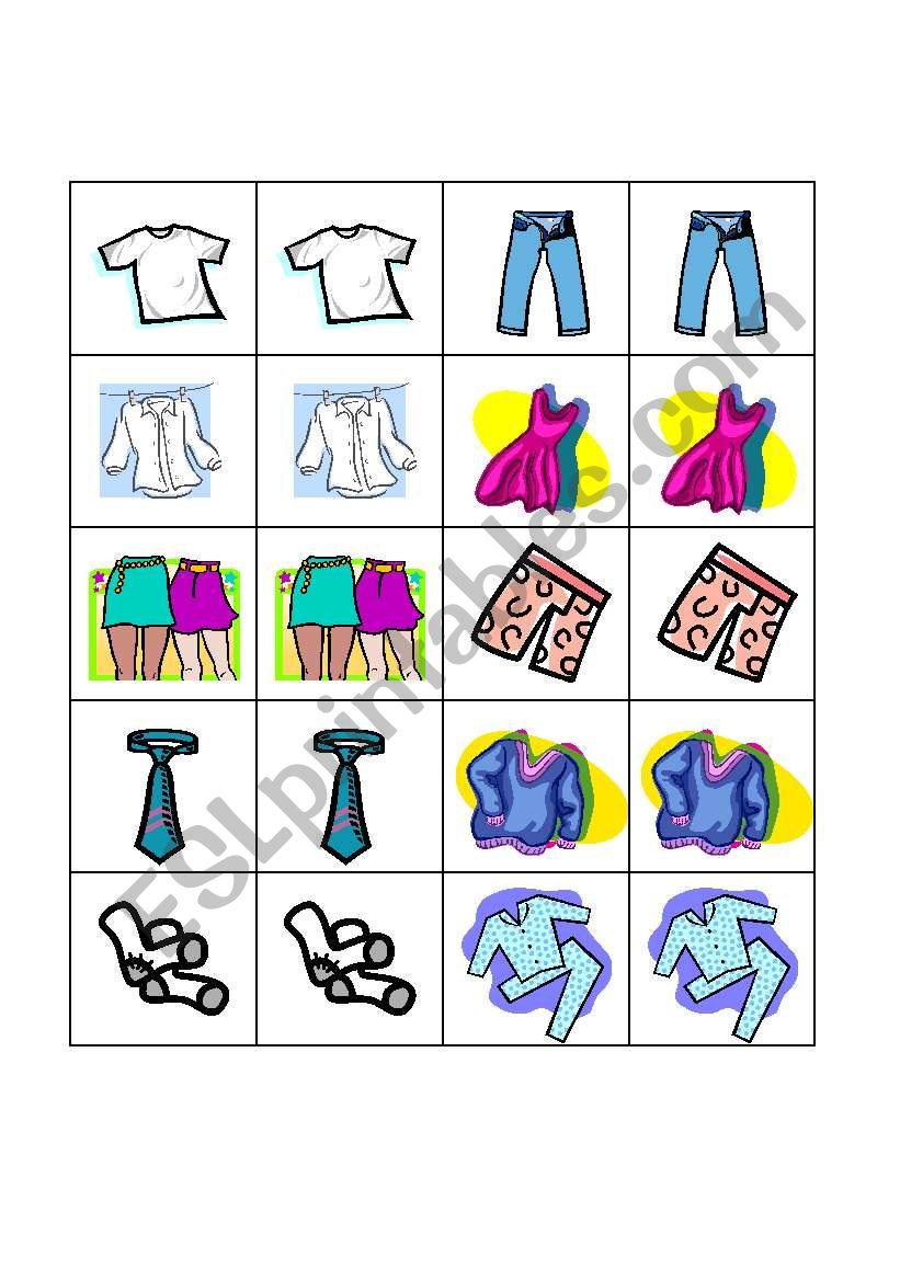 Clothes pairs cards or small flashcards