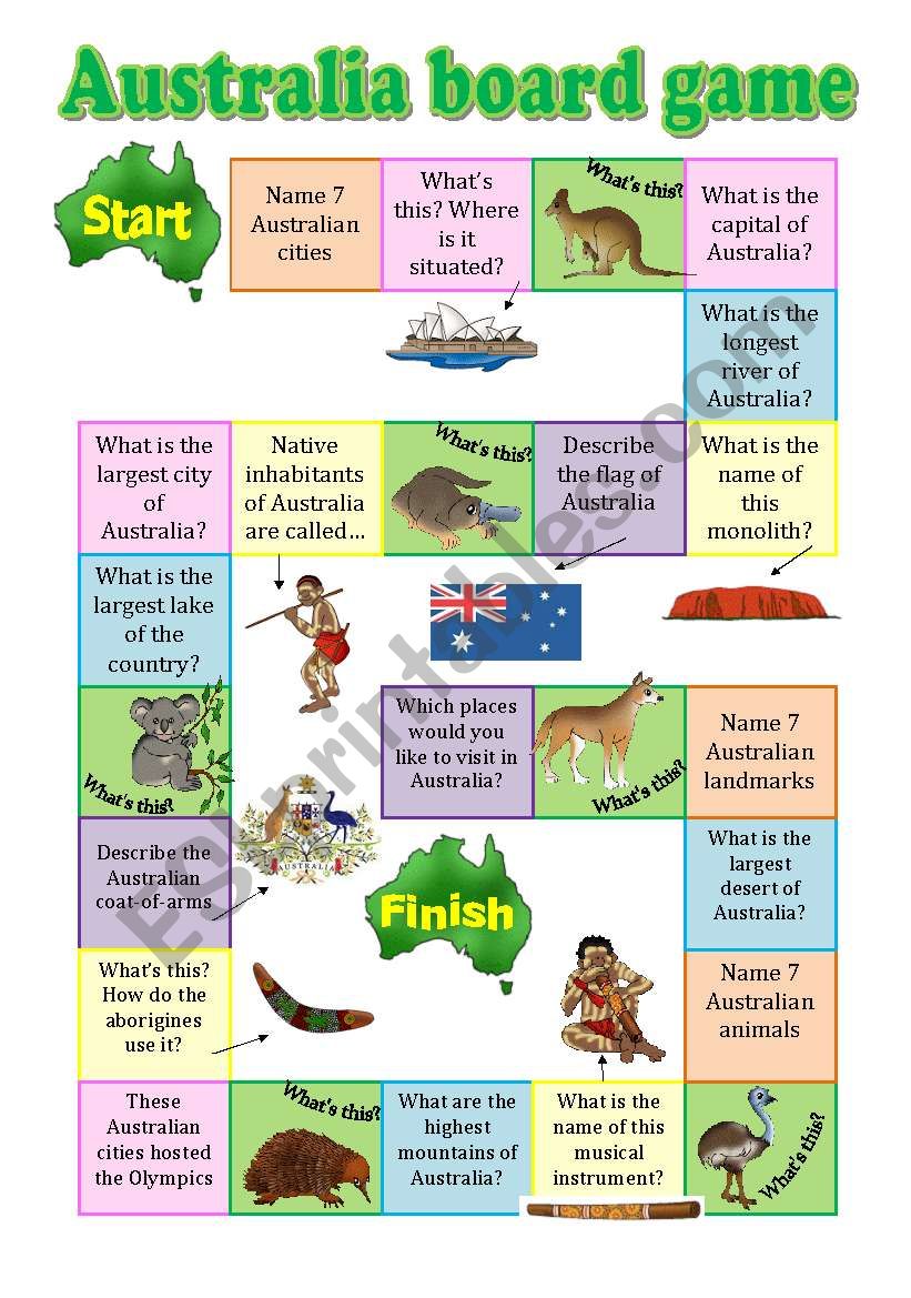 Australia board game worksheet