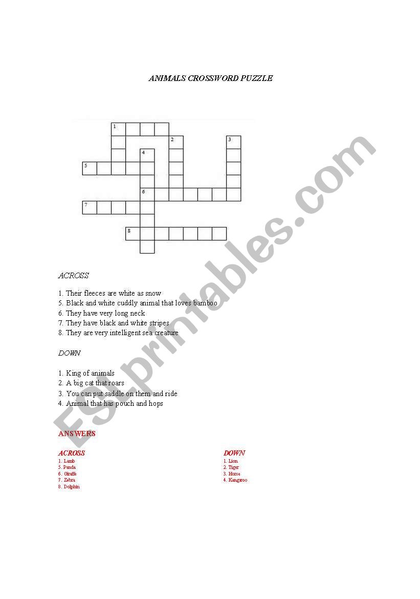 Animal Crossword Puzzle worksheet