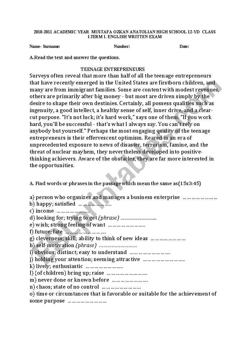 Teeneage entreprenuers worksheet