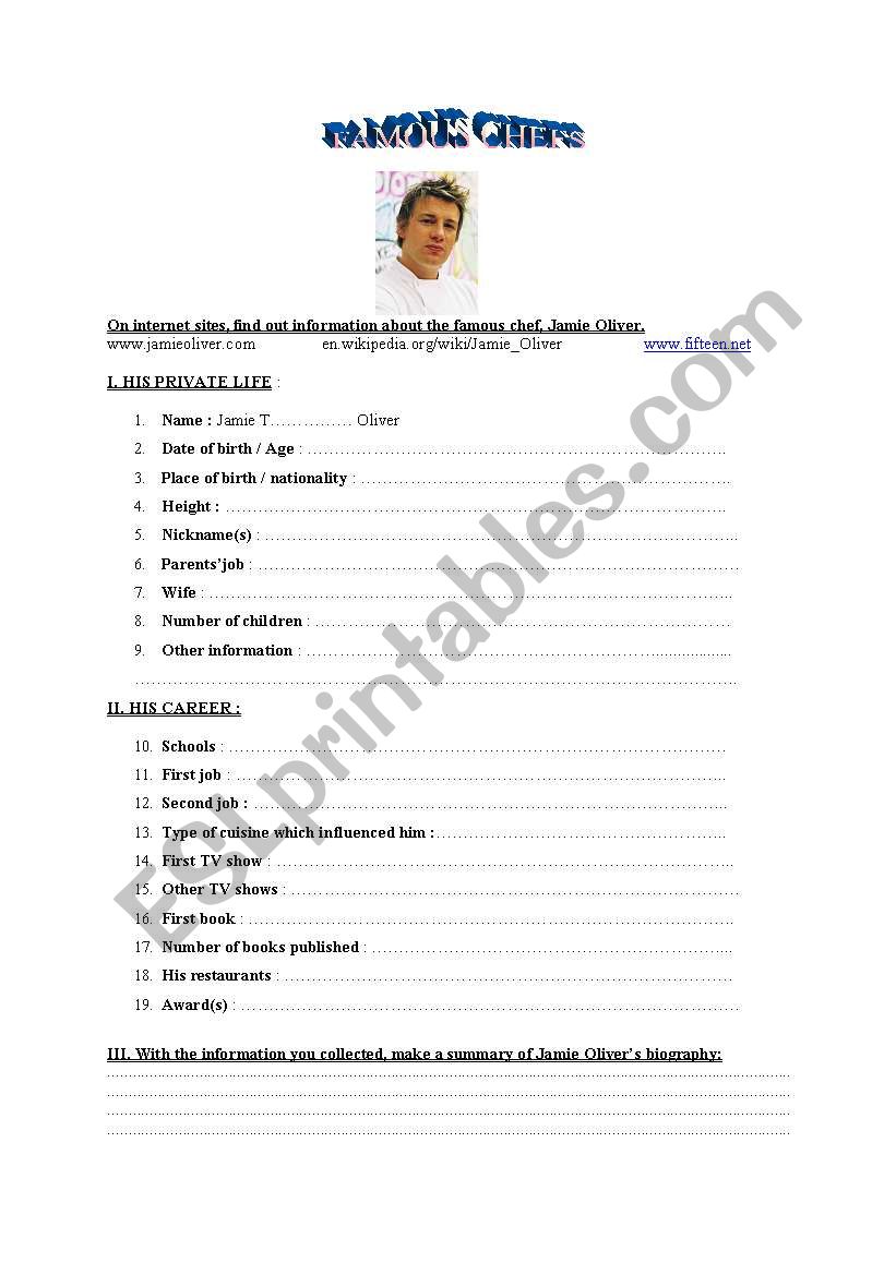 Jamie Olivers biography worksheet