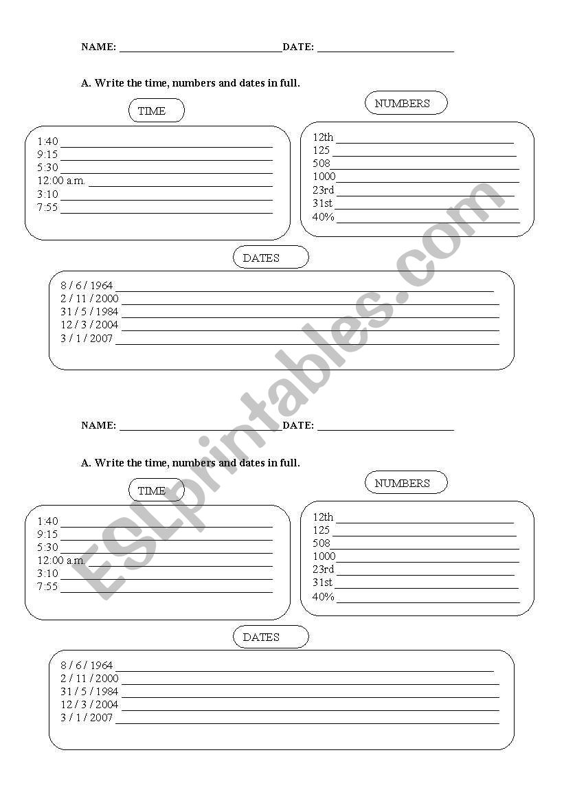 time, numbers, dates worksheet