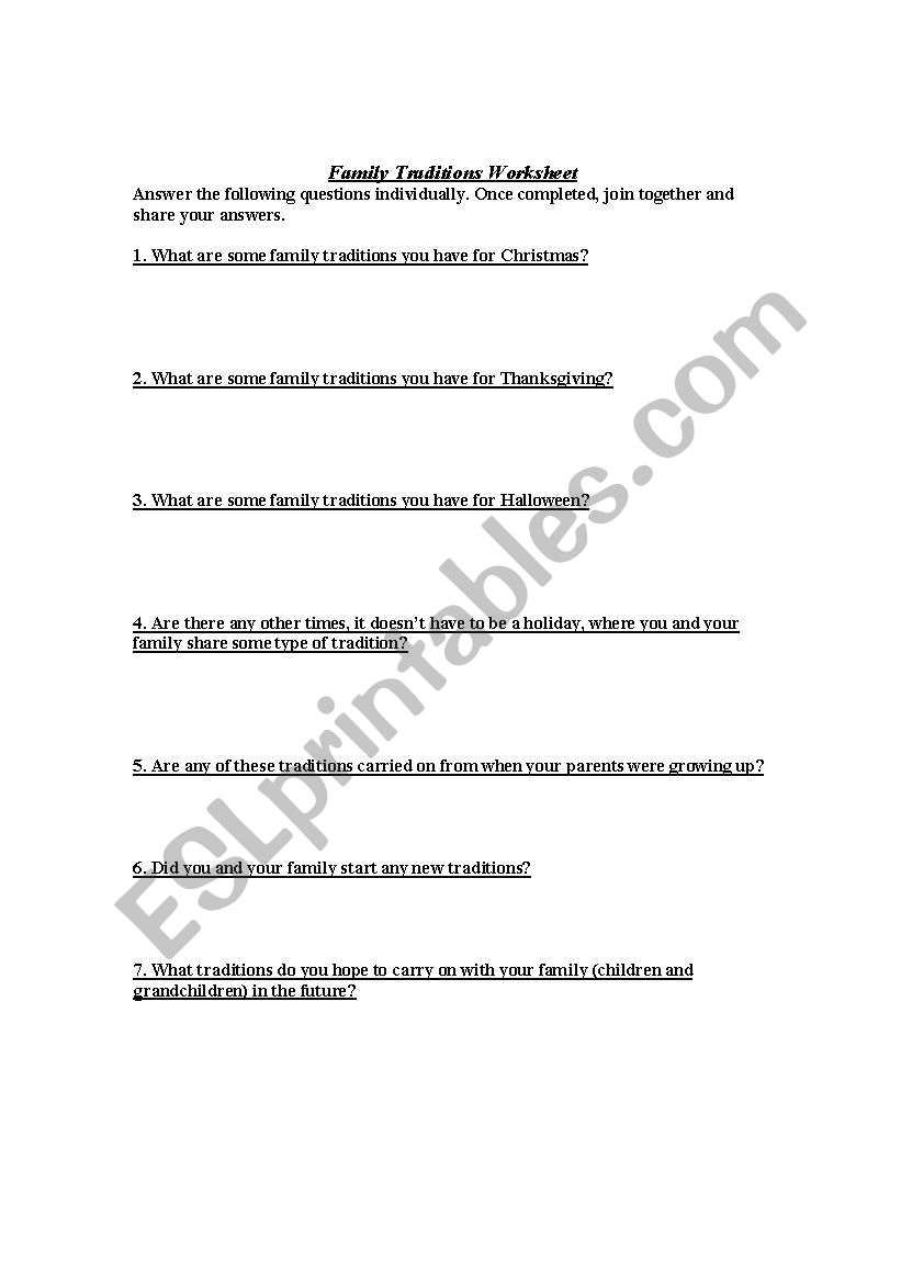Family Traditions worksheet