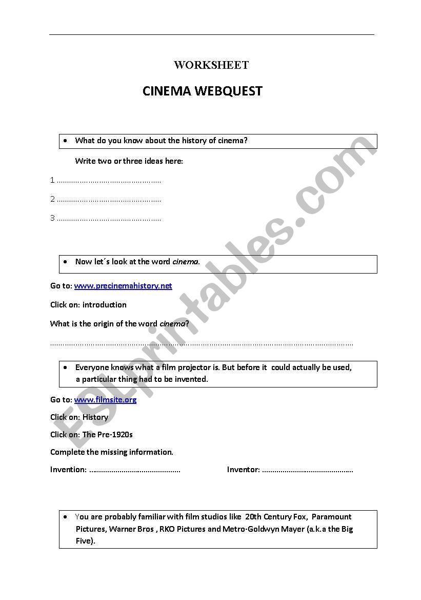 CINEMA WEBQUEST worksheet