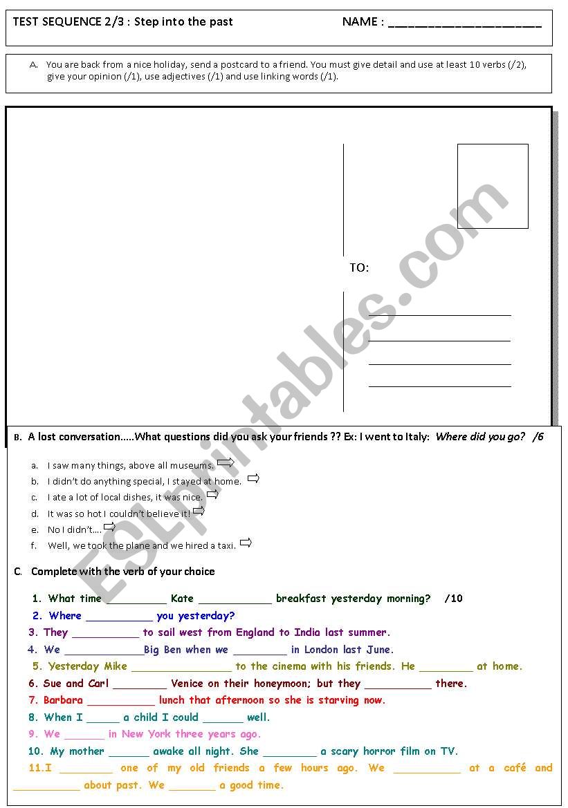 Test on the past tense worksheet