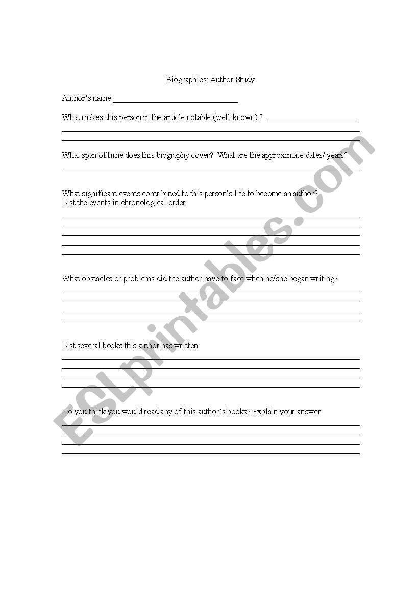 Biograaphies: Author Study worksheet