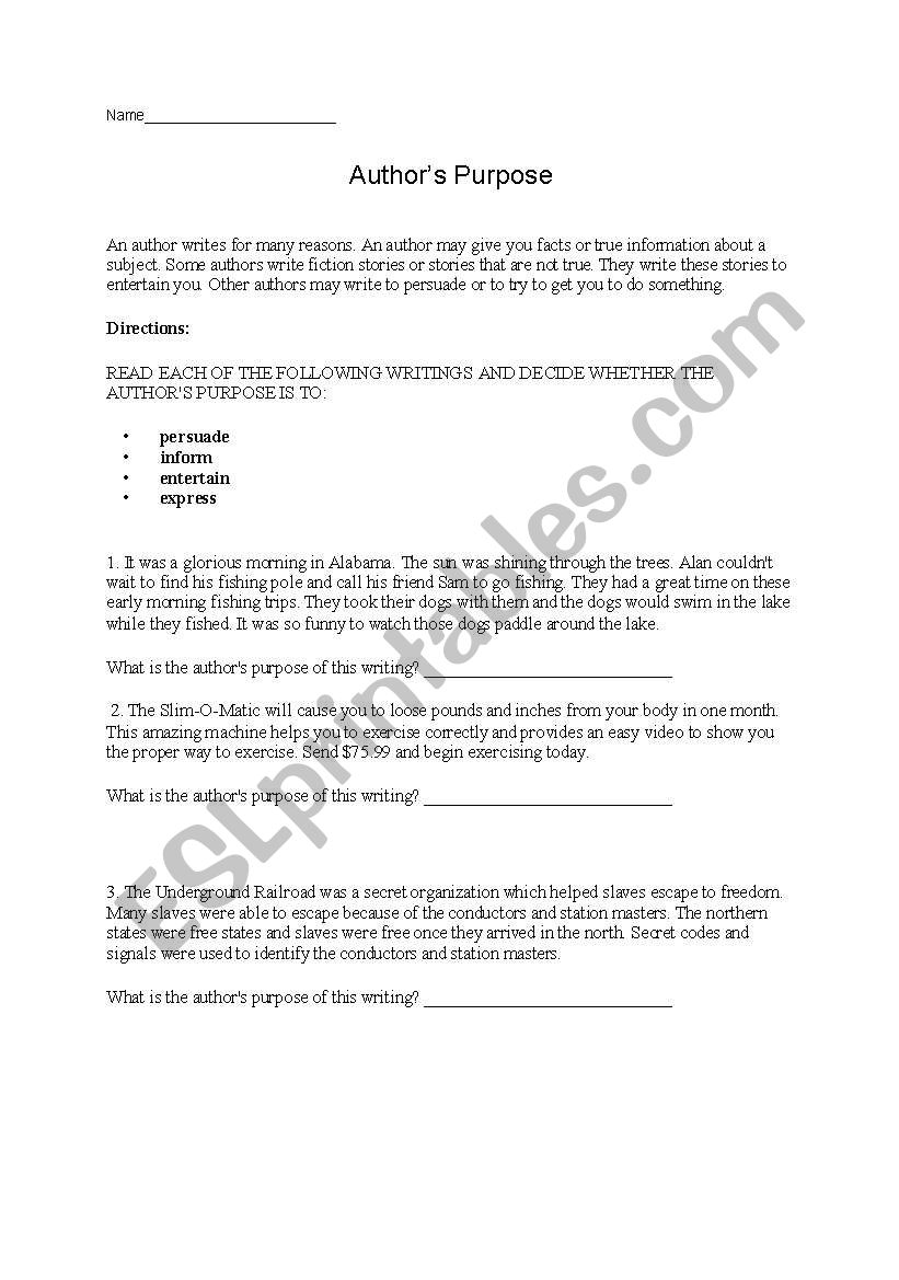 Determine Author´s Purpose worksheet