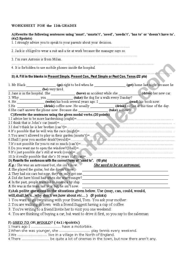 worksheet for pre-intermediate level