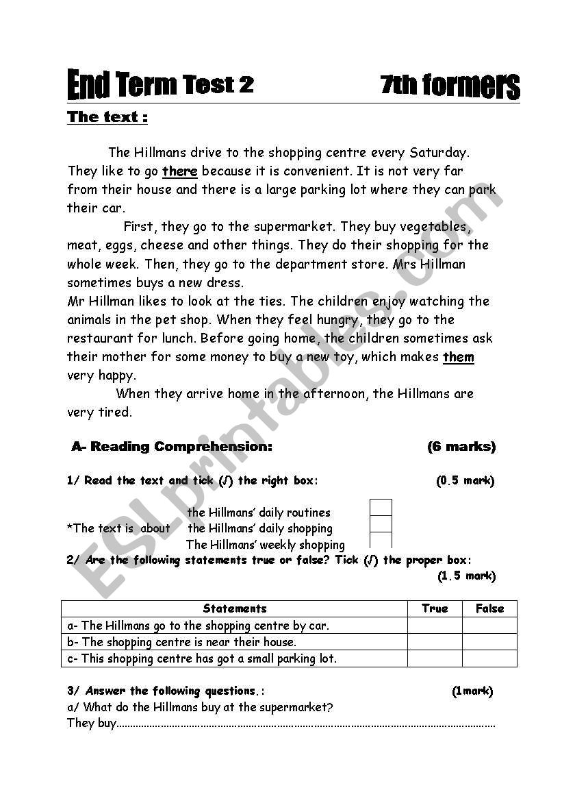 end term test 2 (7th formers) worksheet