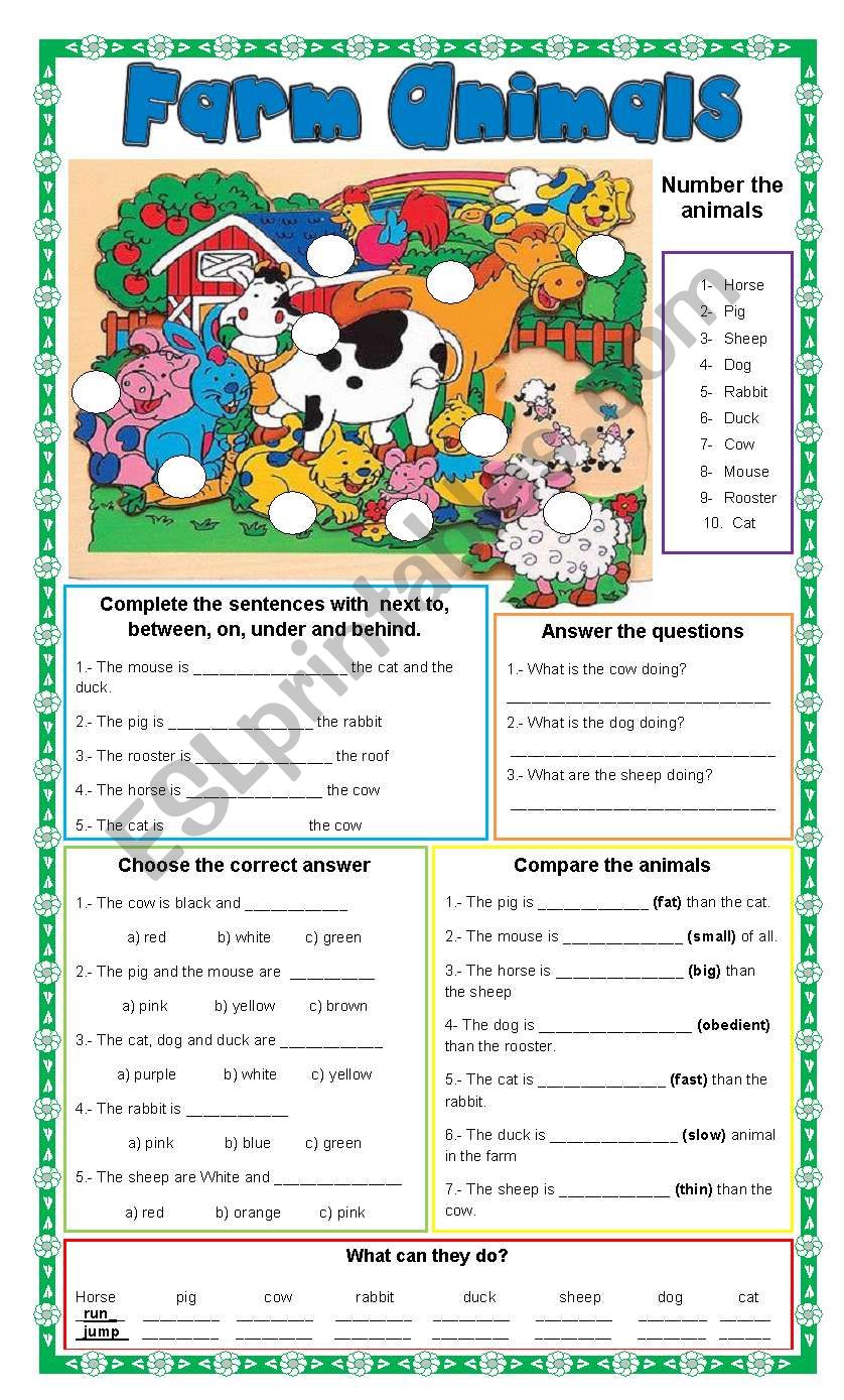 Farm Animals + 6 different exercises + present continuous, prepositions, colors, comparatives and superlatives, vocabulary and actions.
