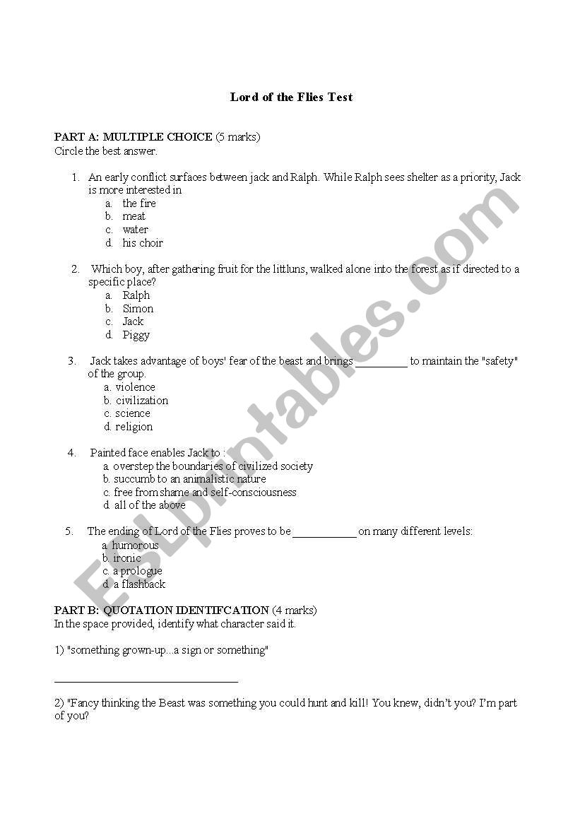 lord of the flies test worksheet