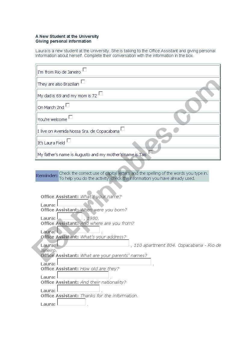 Conversational material worksheet