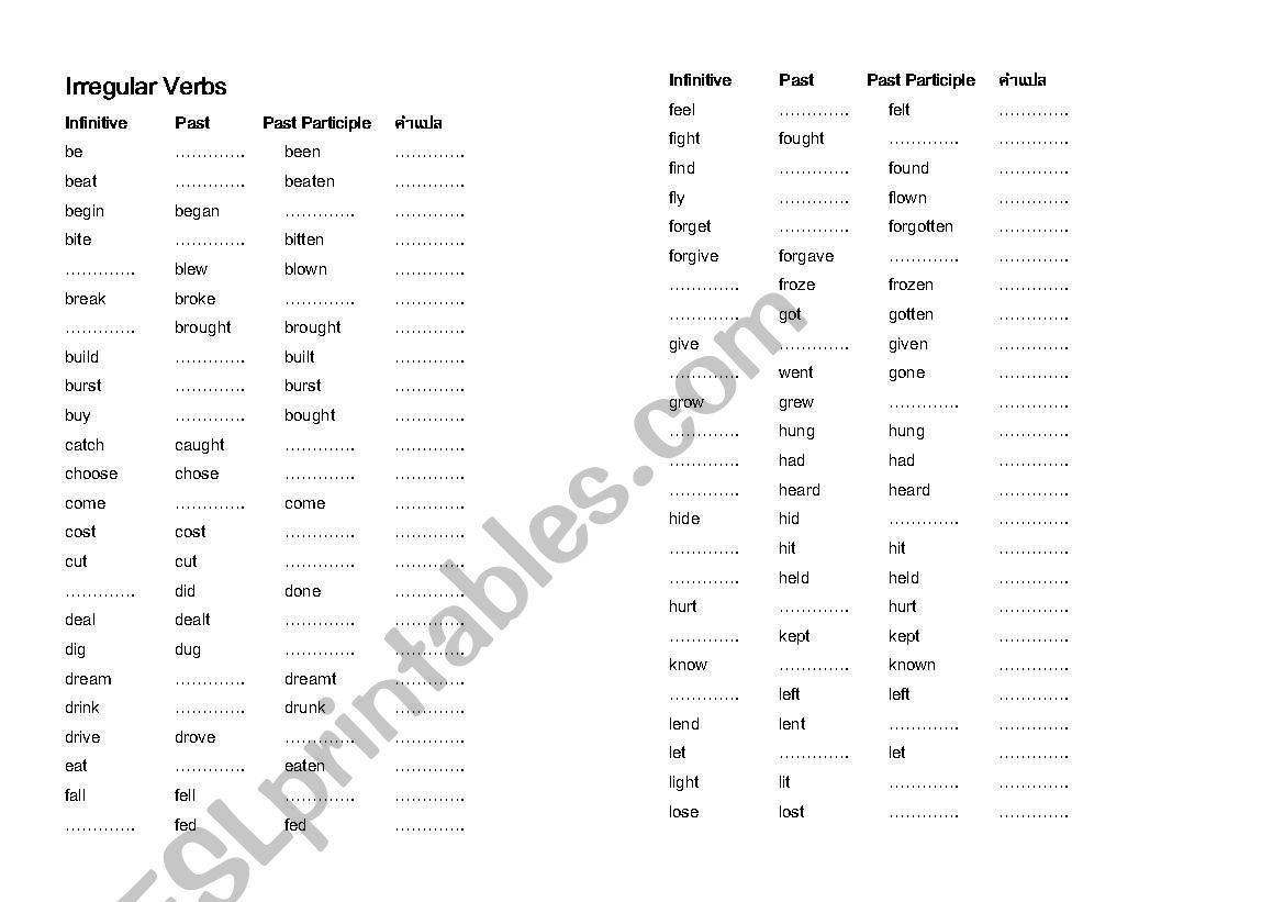 irregular verbs worksheet