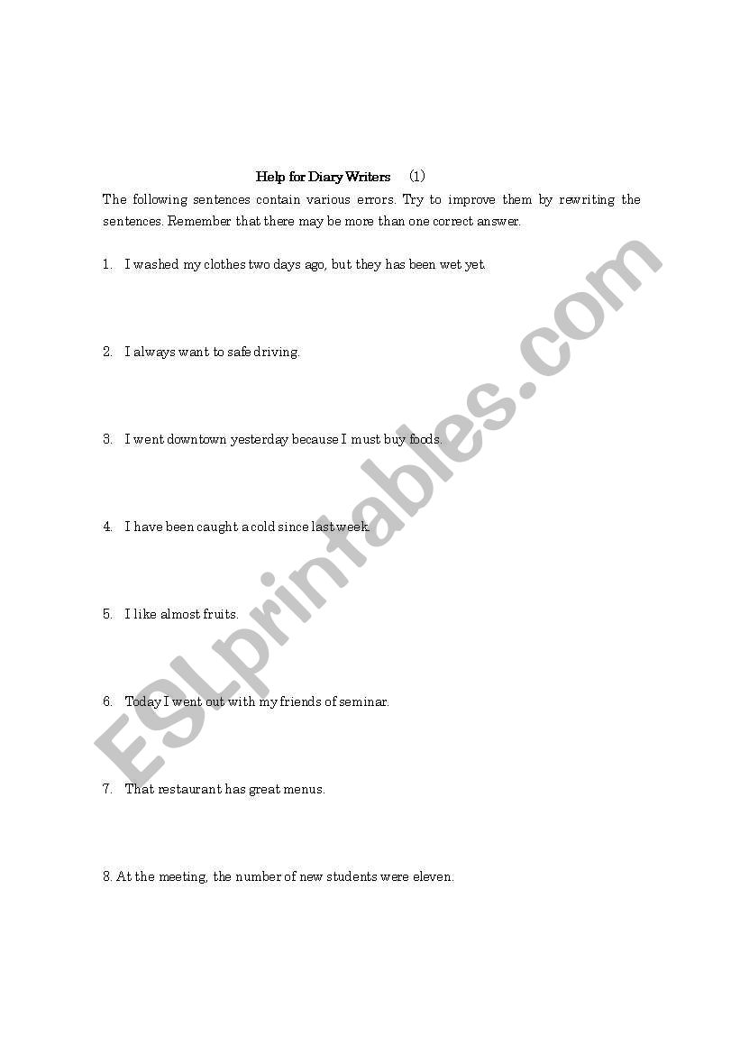 Help for diary writers (1) Worksheet