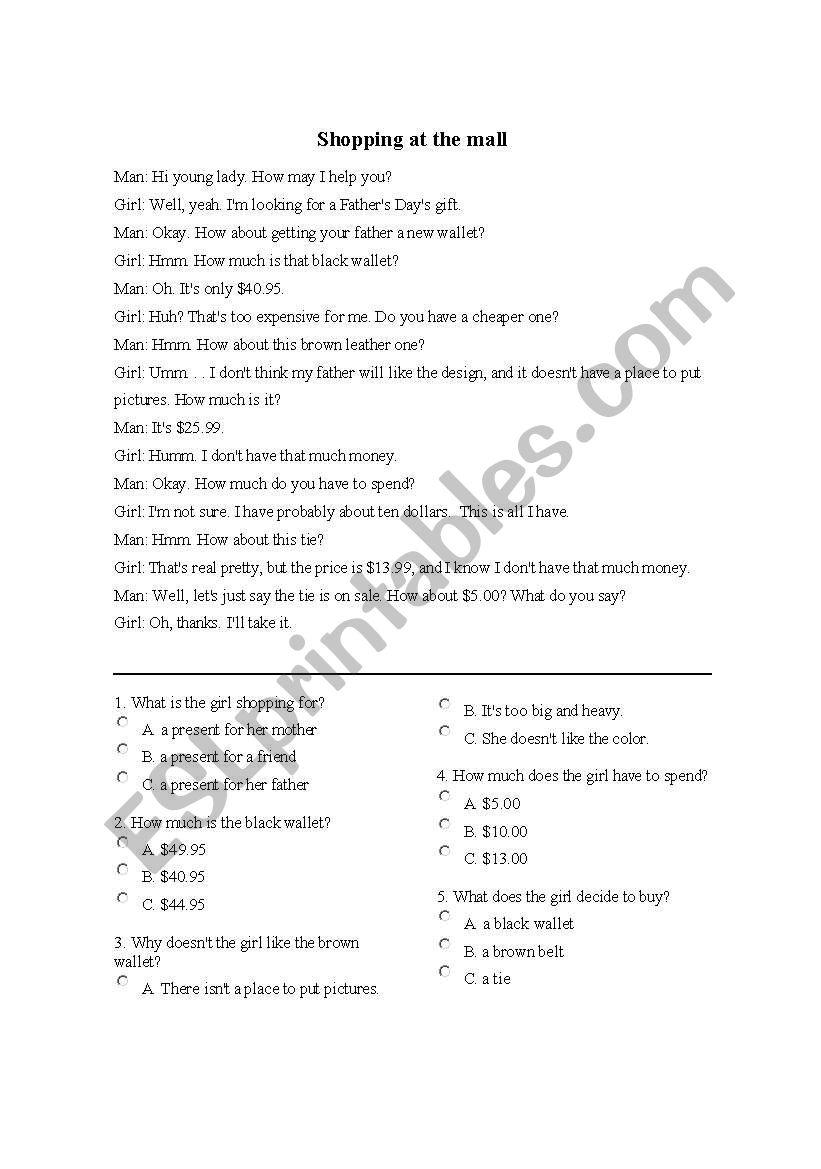 Shopping at the mall worksheet