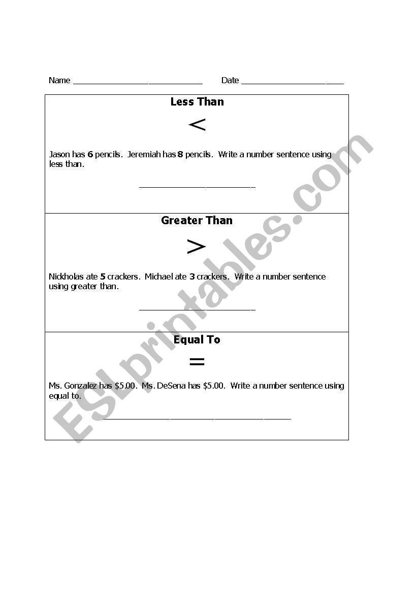 English worksheets: Less Than, Greater Than, & Equal To