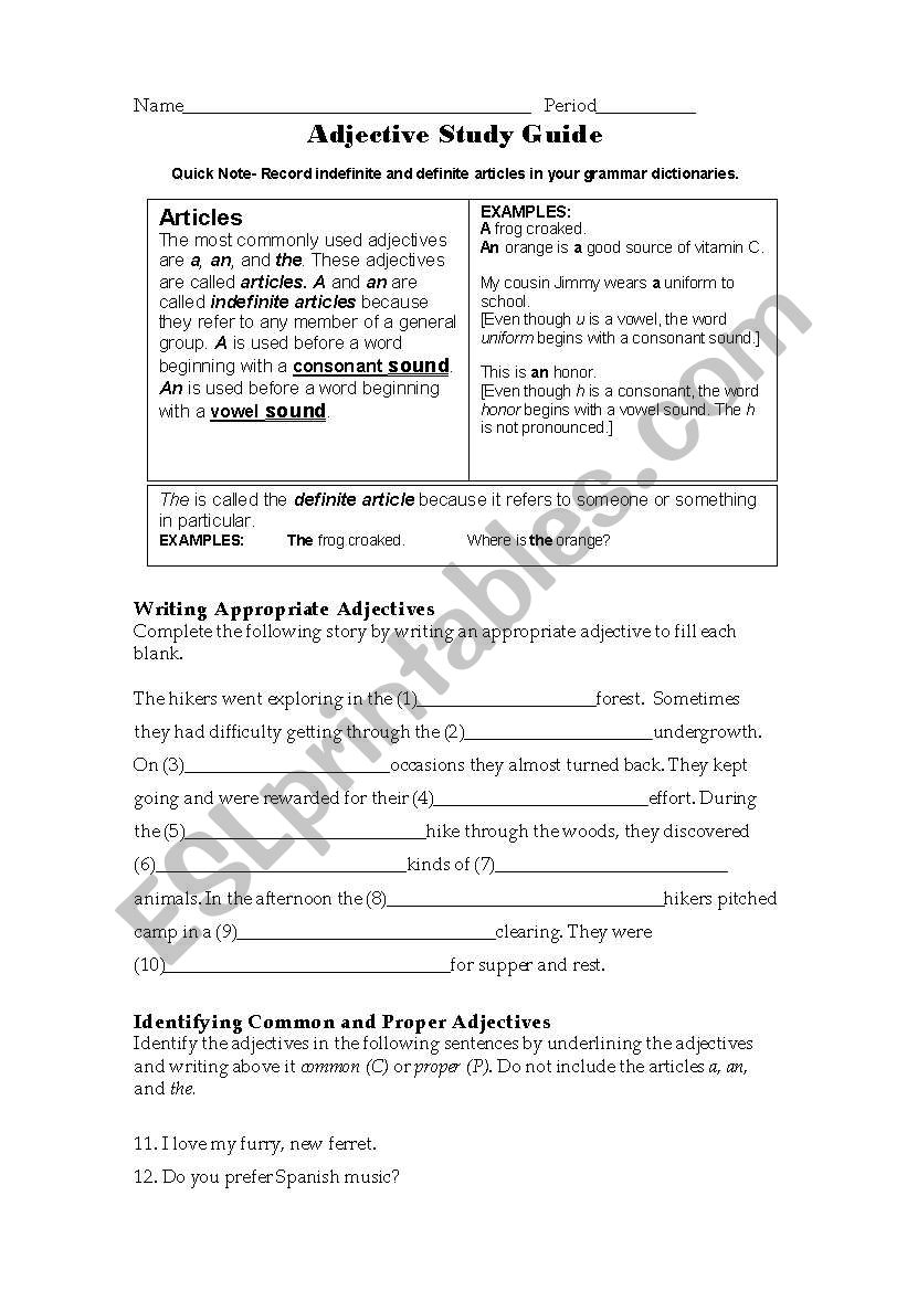 adjectives study guide worksheet
