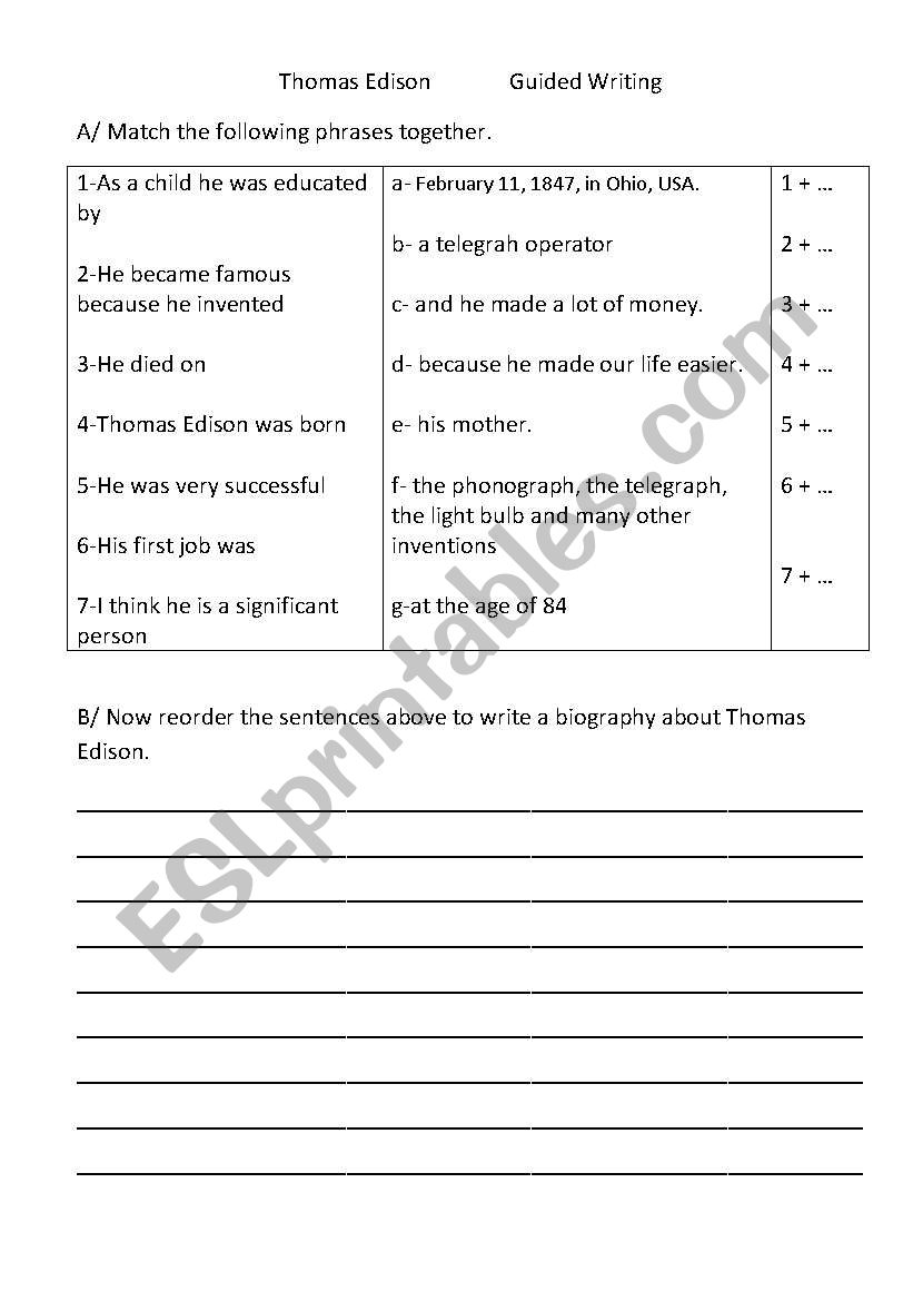 Thomas Edisons Biography worksheet