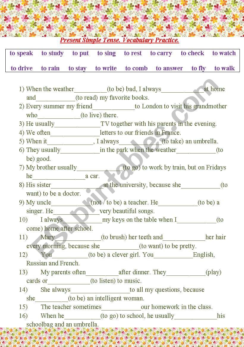 Present Simple Tense. Vocabulary Practice.