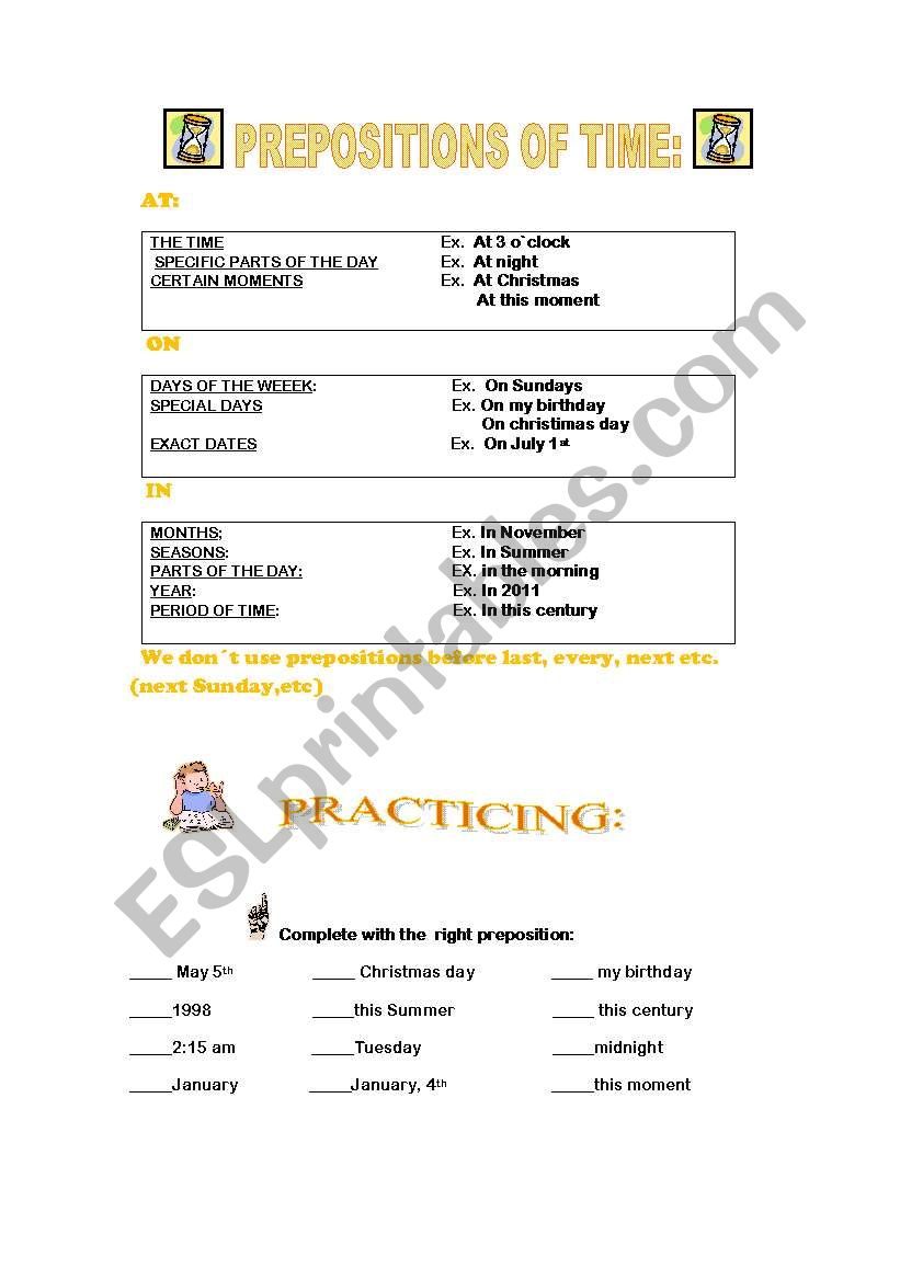PREPOSITIONS OF TIME:AT,IN,ON worksheet