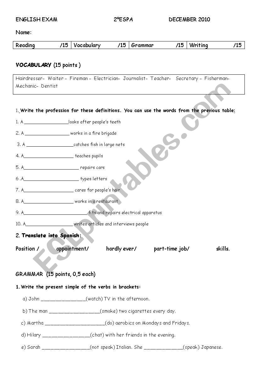 December exam for  ESA worksheet