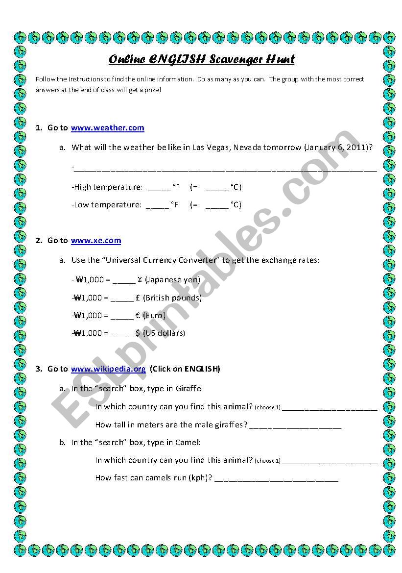 English Scavenger Hunt Worksheet