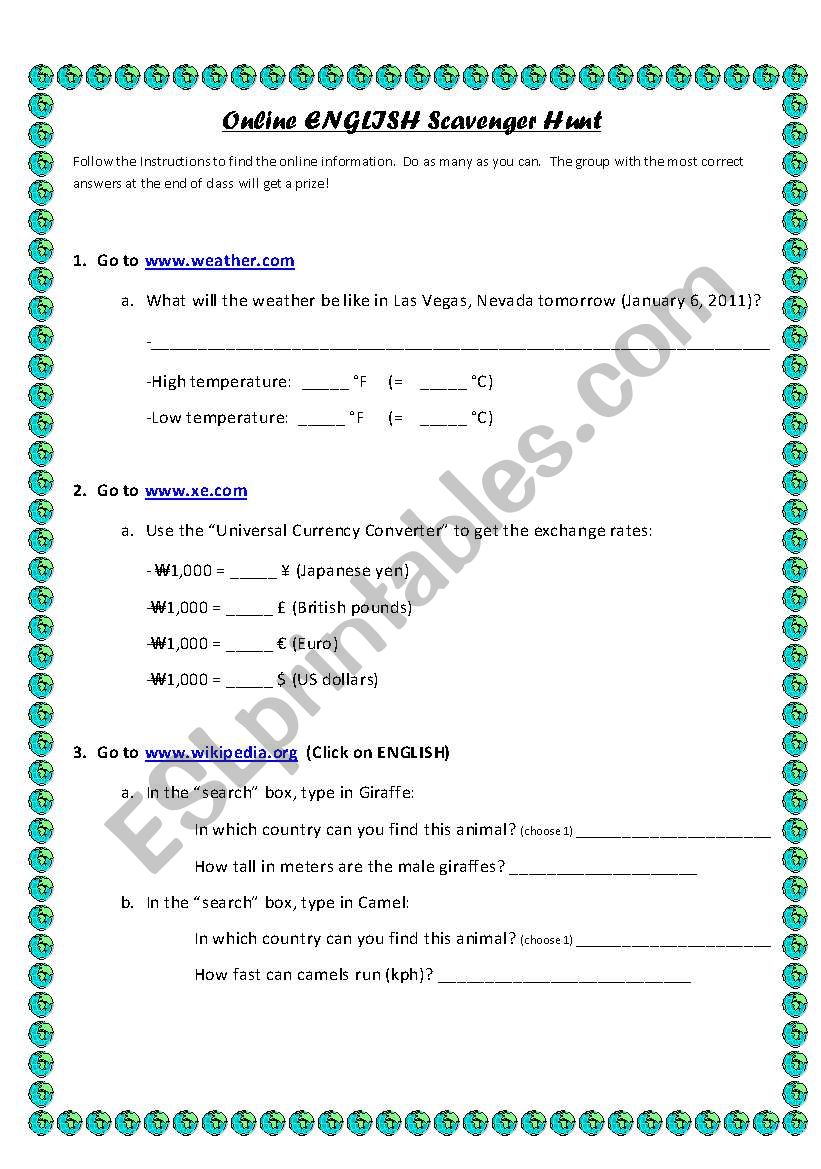 Online English Scavenger Hunt ESL Worksheet By Lynch2