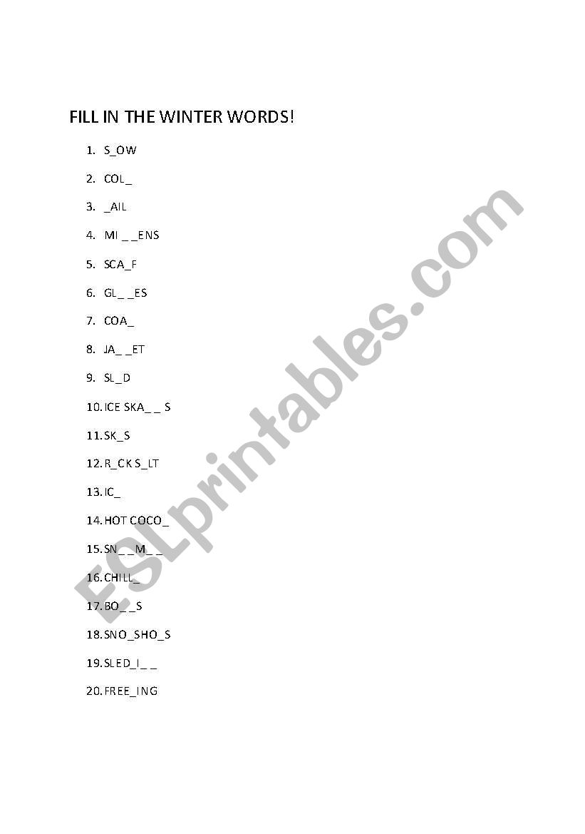 FILL IN THE WINTER WORDS worksheet