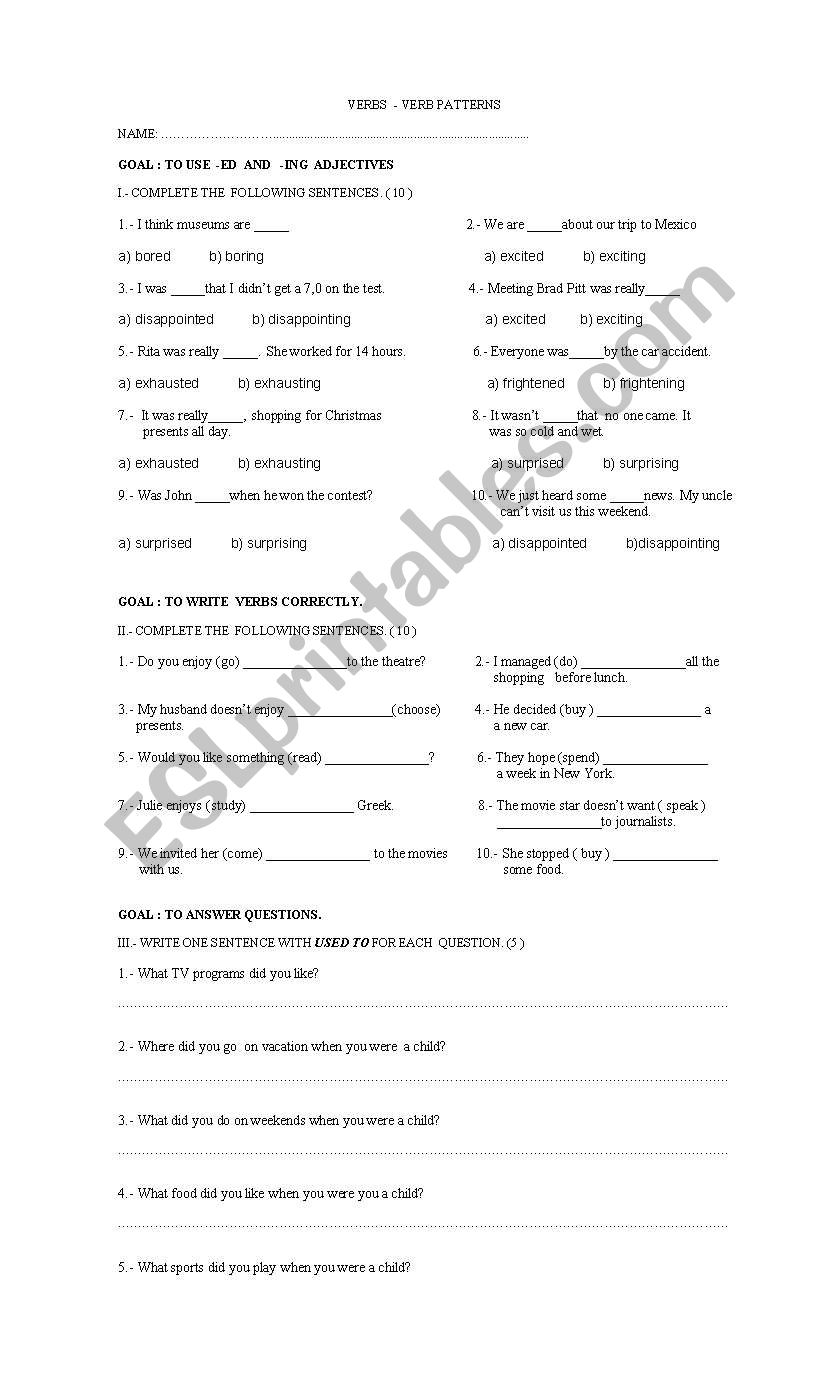 VERBS - VERB PATTERNS worksheet