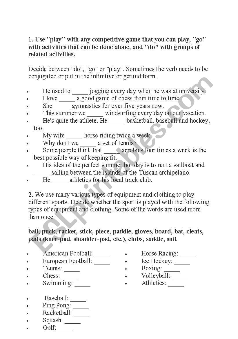 sport worksheet