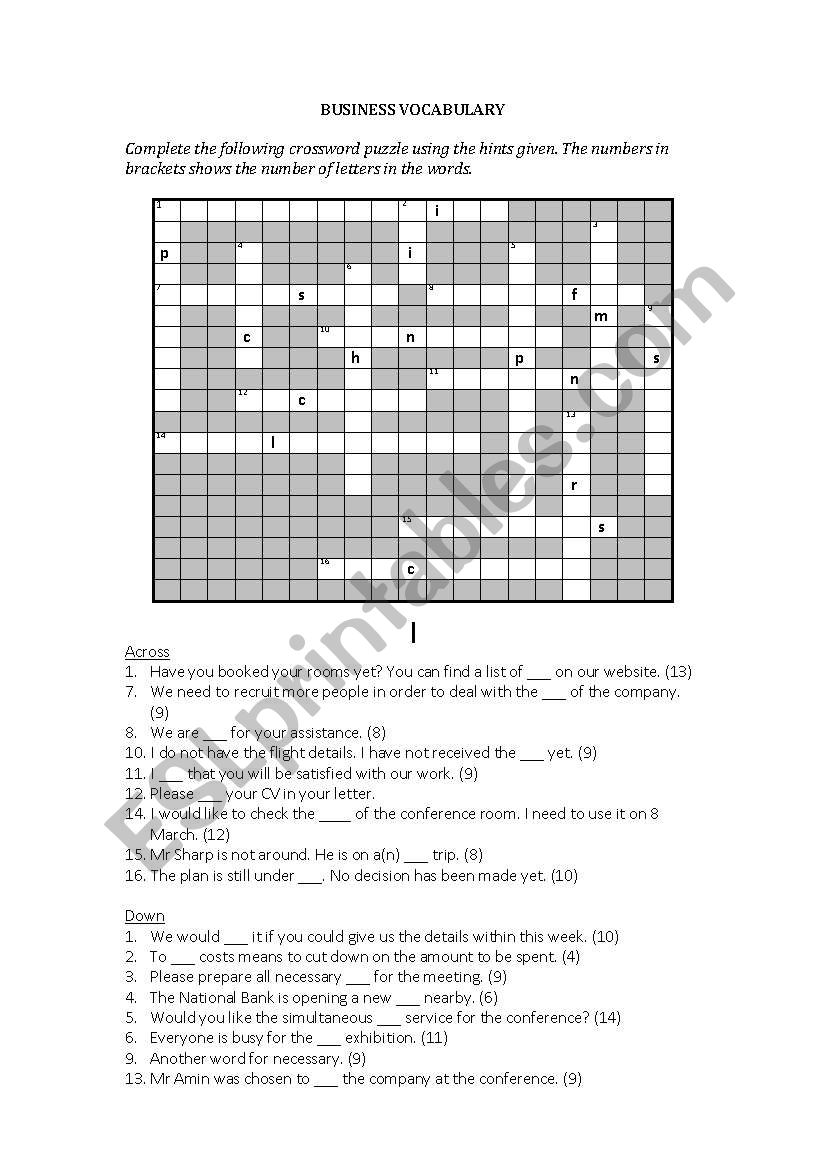 Business Vocabulary - Crossword Puzzle