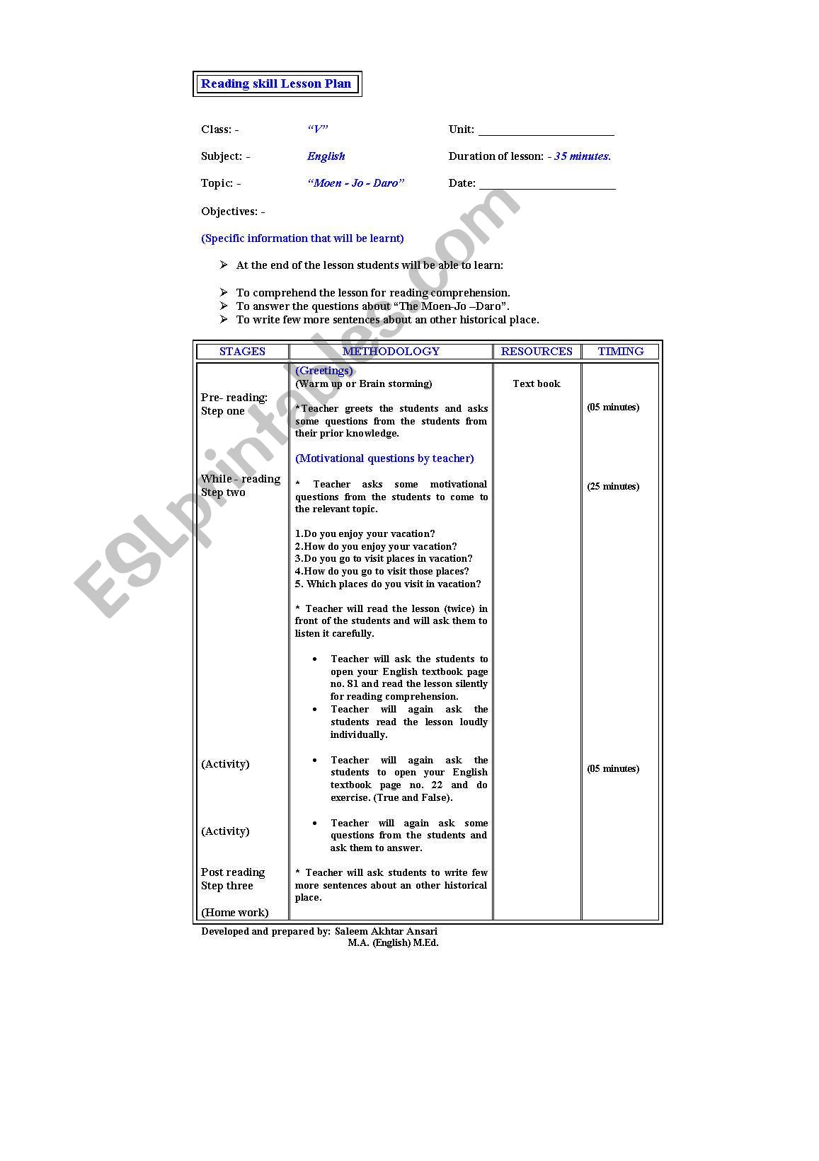 Lesson Plan for reading skill 