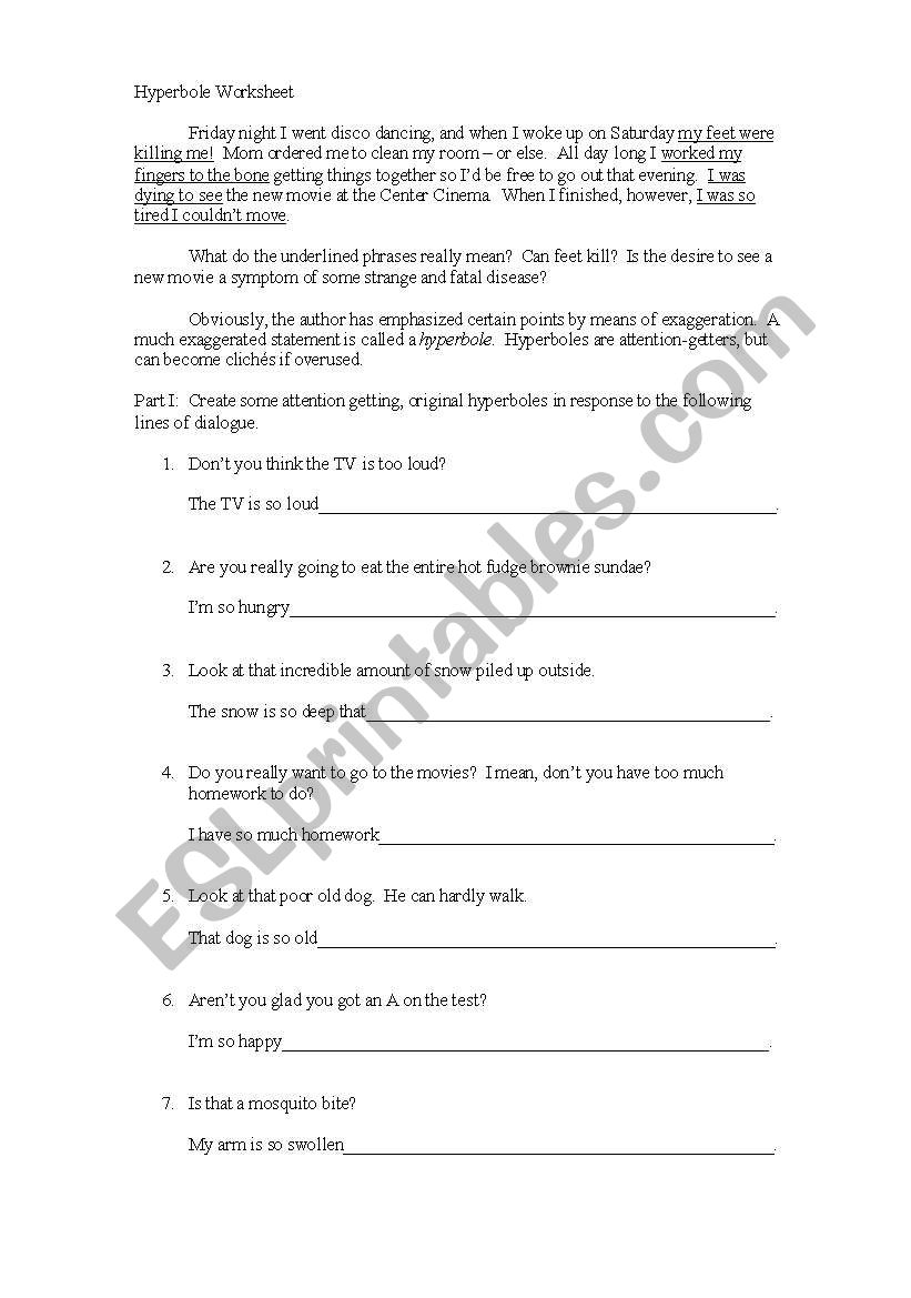 english worksheets hyperbole