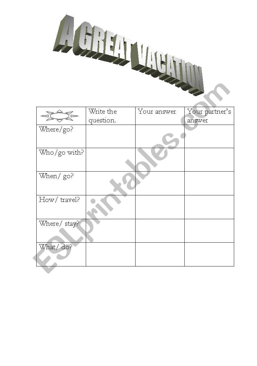 A Great Vacation Q and A worksheet