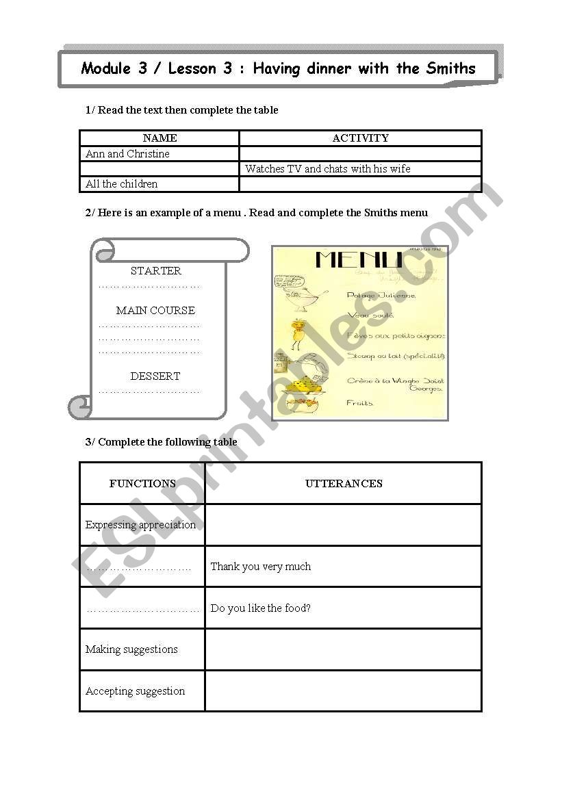 having dinner with the Smiths worksheet