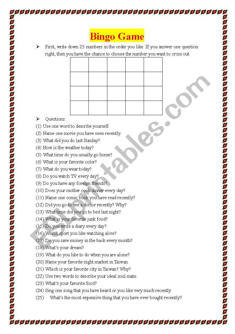 Bingo Game  worksheet