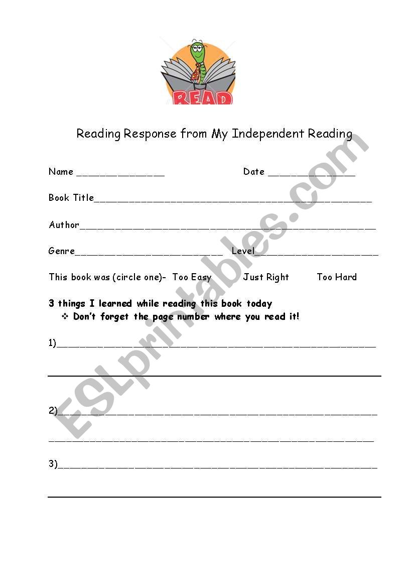 Response to Reading worksheet