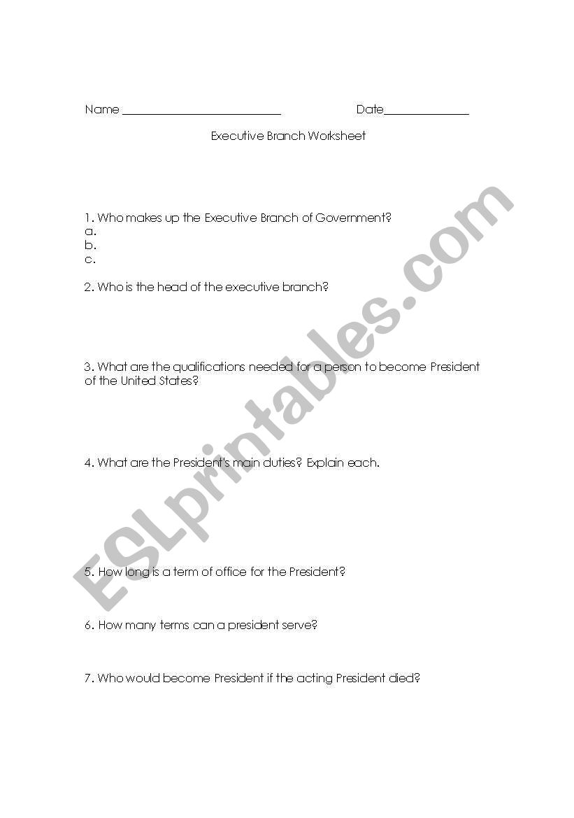 Executive Branch Worksheet  worksheet