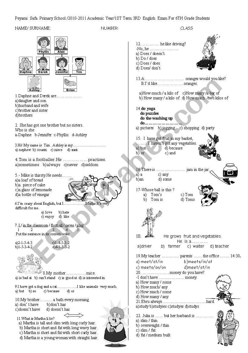 exan for 6 th grade  worksheet