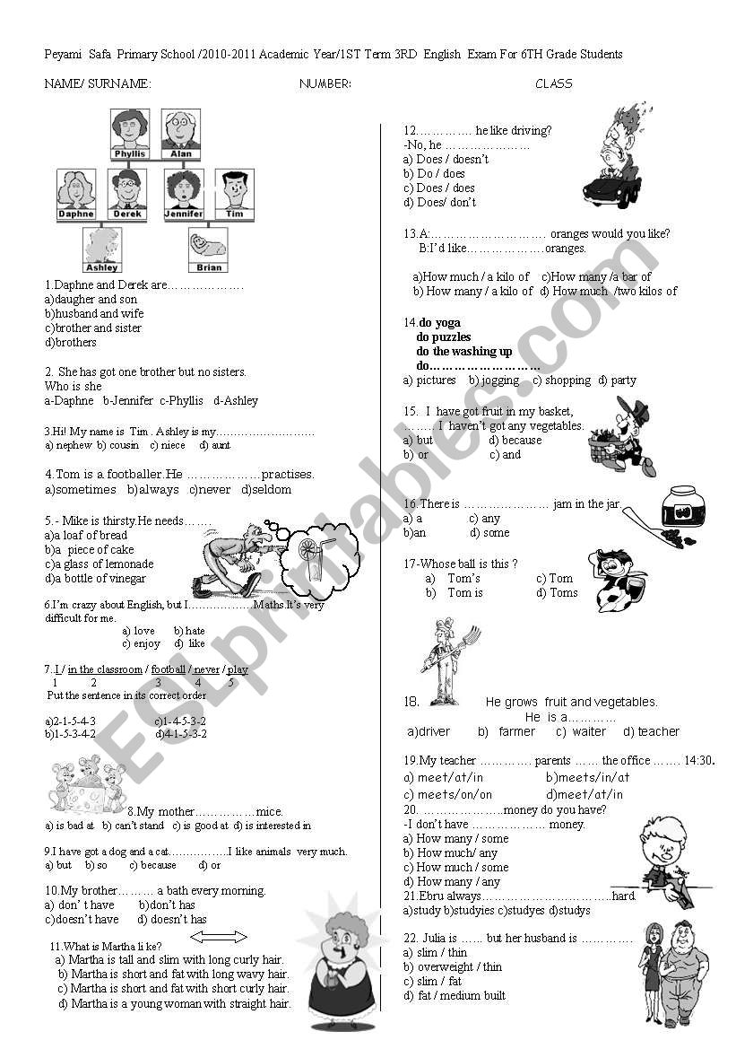 exan for 6 th grade  worksheet