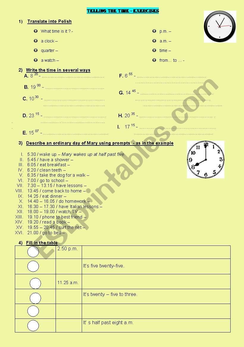 TELLING THE TIME - handout worksheet
