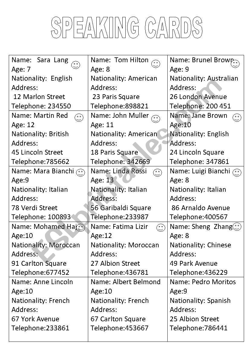 SPEAKING CARDS worksheet