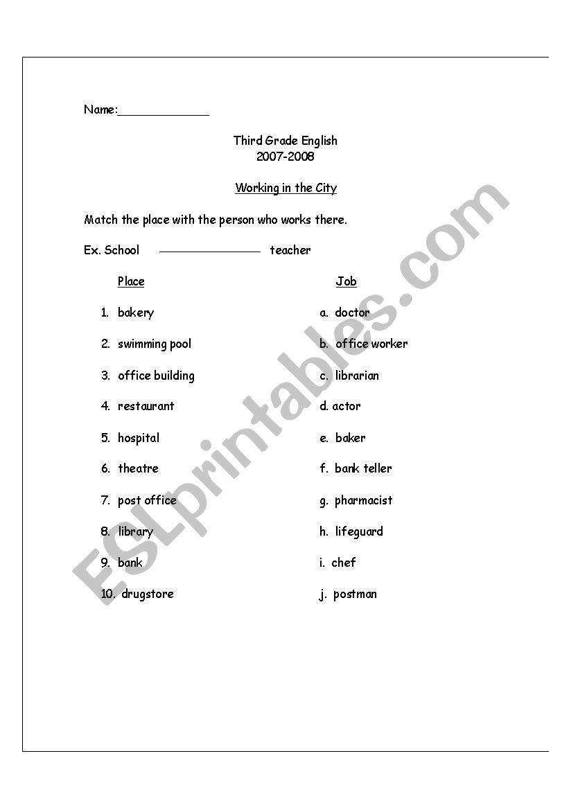 Working in the City worksheet