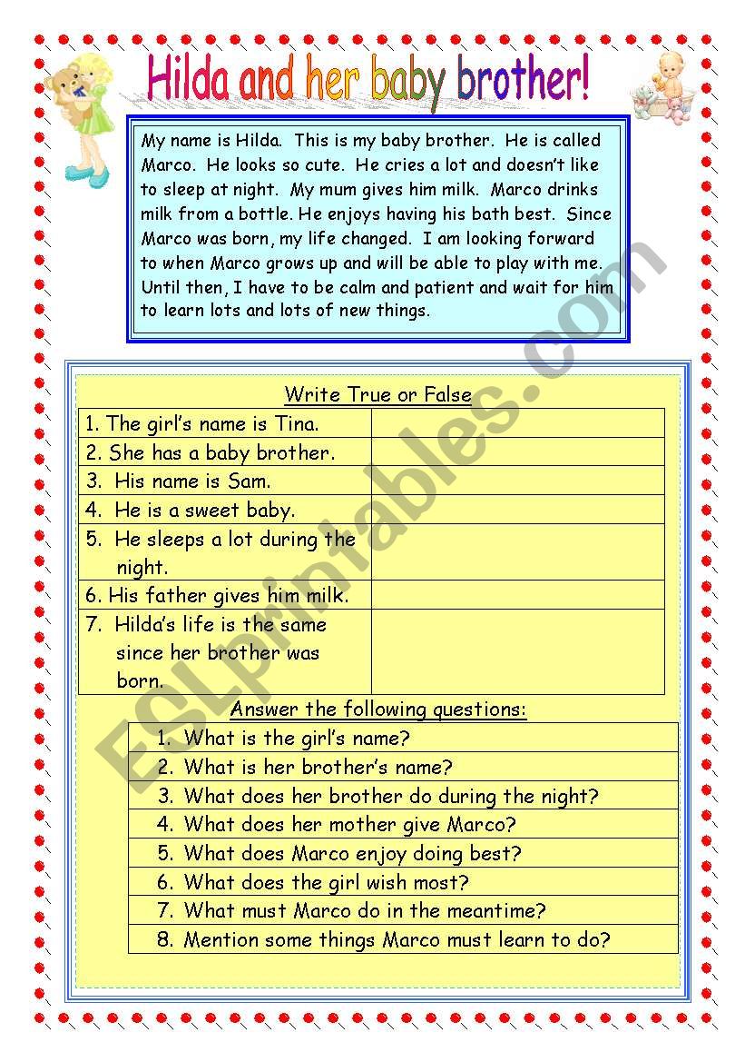 Hilda and her baby brother worksheet