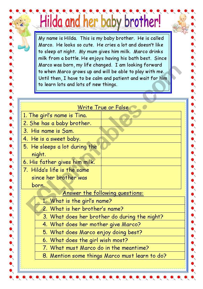 Hilda and her baby brother worksheet
