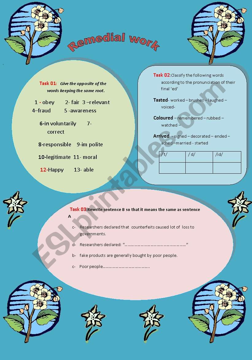 Remedial work  1/ 2( 3 exercises -fully editable + keys included)