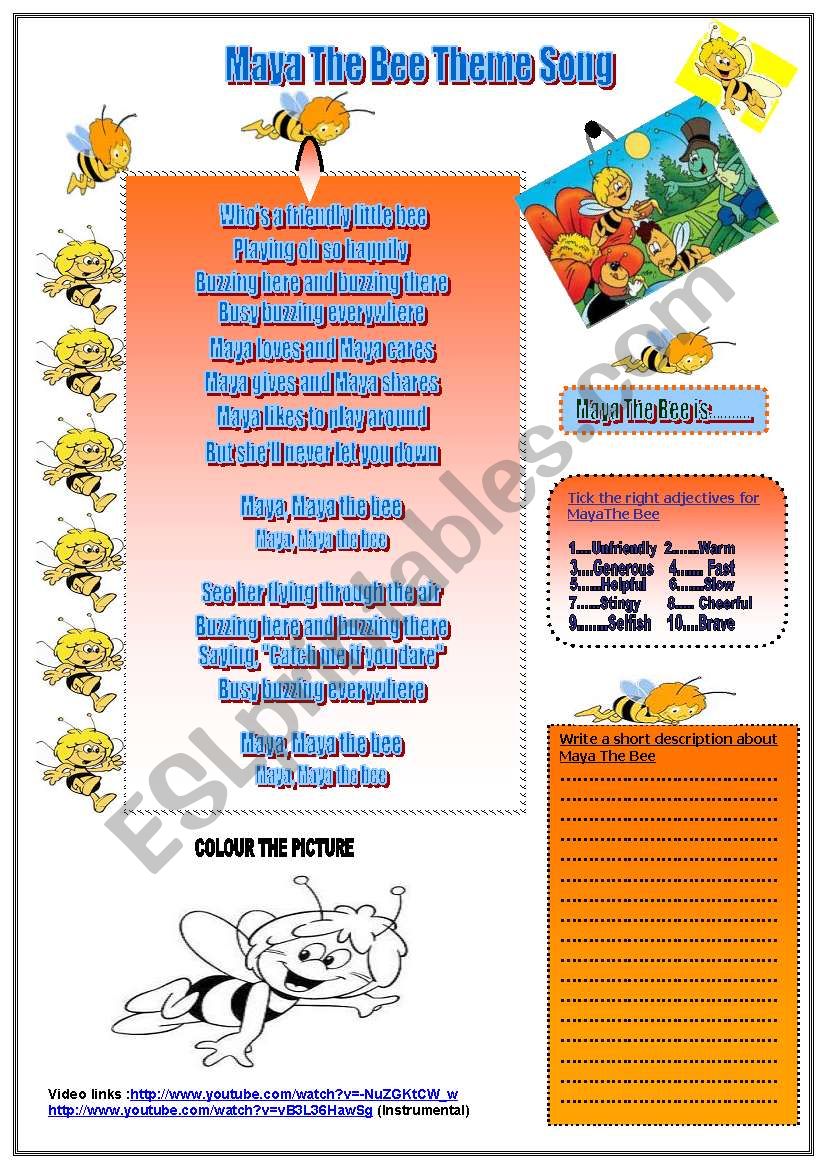 Maya The Bee Theme Song and three activities.(Listening,writing,ticking and colouring)(B&W Version is included)